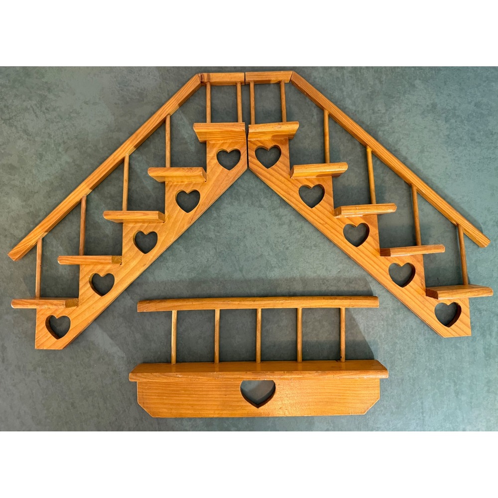 Vintage Wooden Heart Staircase Spice Rack 3 Piece Wall Shelf Set Cottagecore
